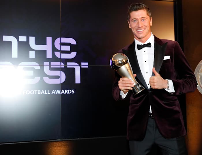 Robert Lewandowski pictured with his trophy after winning The Best FIFA Men's Player award in 2020